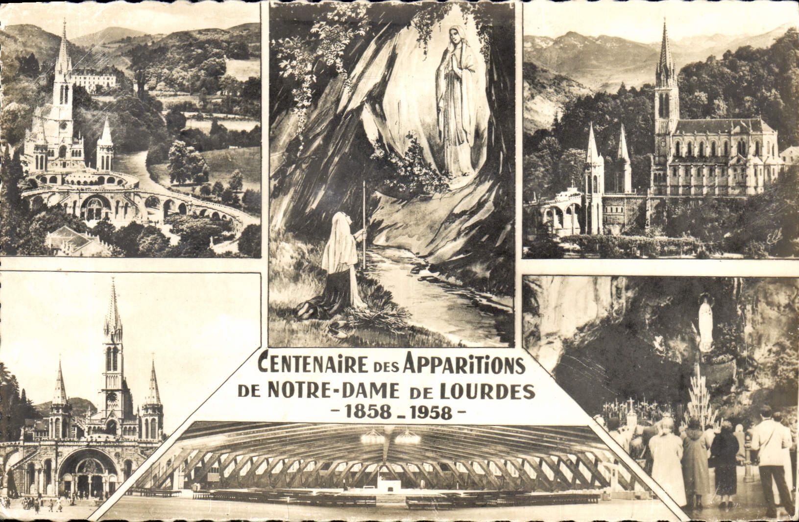 CPA Centenaire des Appartions de Notre Dame de Lourdes 1858 1958 La Basilique la Grotte Miraculeuse 