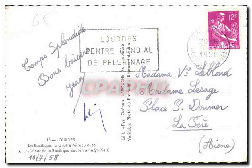CPA Centenaire des Appartions de Notre Dame de Lourdes 1858 1958 La Basilique la Grotte Miraculeuse  — Verso