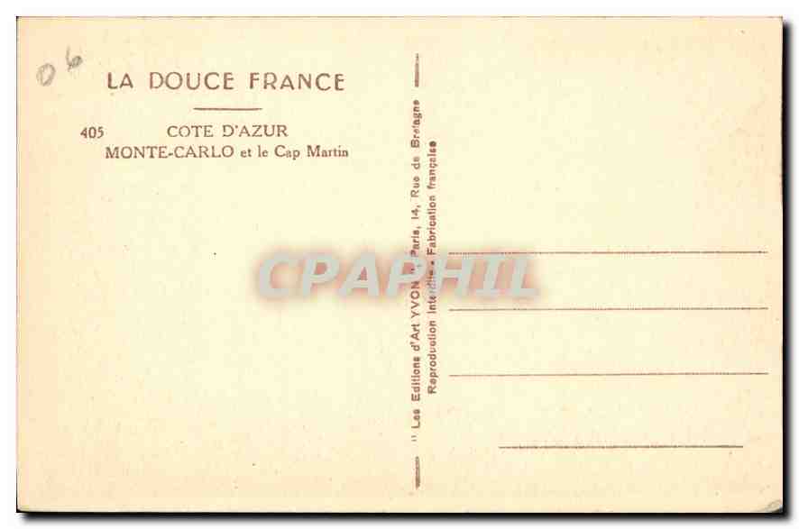 CPA La Douce France Cote d'Azur Monte Carlo et le Cap Martin  — Rückseite