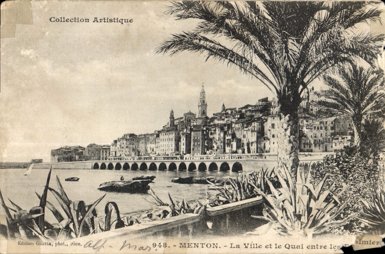 CPA Collection Artistique Menton la Ville et le Quai entre les 