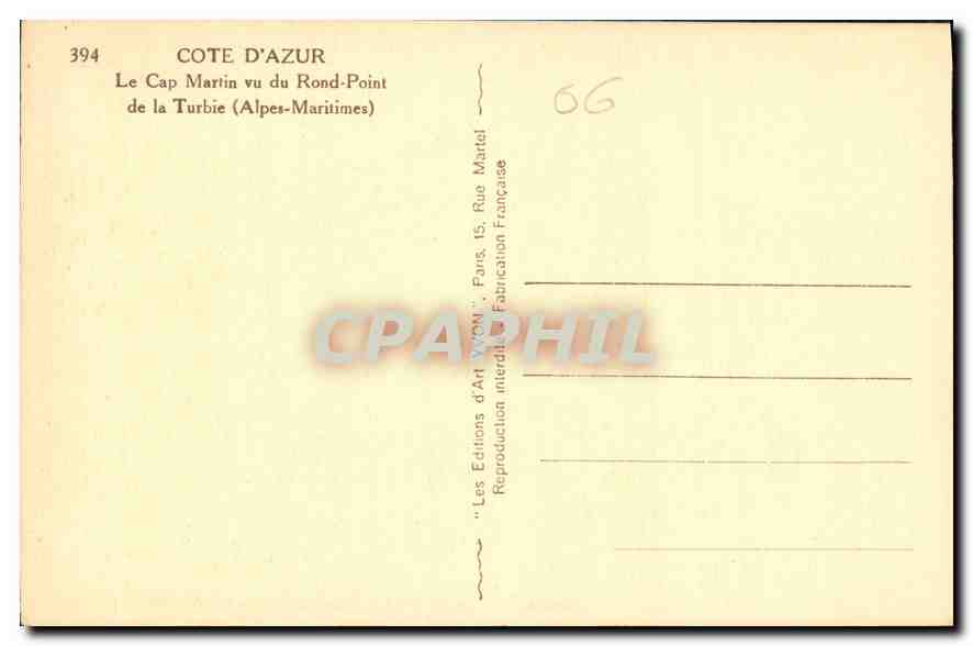 CPA Cote d'Azur le Cap Maritin vu du Rond Point de la Turbie Alpes Maritimes  — Rückseite