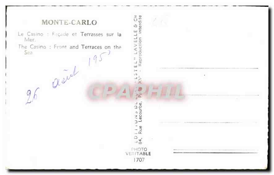 Monte-Carlo — Le Casino : Façade et Terrasses sur la Mer — Édition Lavelle & Cie — Rückseite