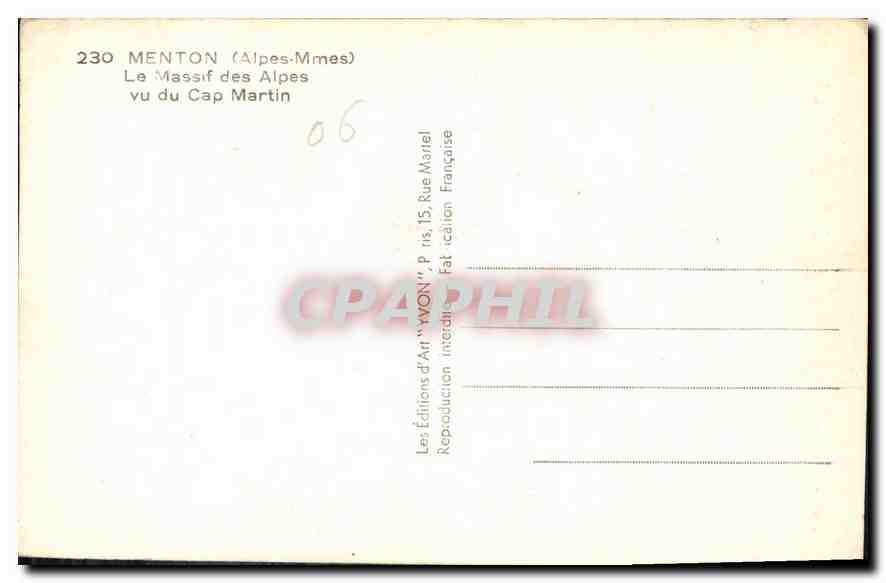 CPA Menton Alpes Mmes Le Massif des Alpes vu du Cap Martin  — Rückseite