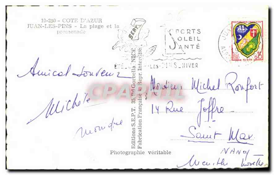 Juan-les-Pins — La plage et la promenade — Editions S.E.P.T. Répr. Interdite — Rückseite