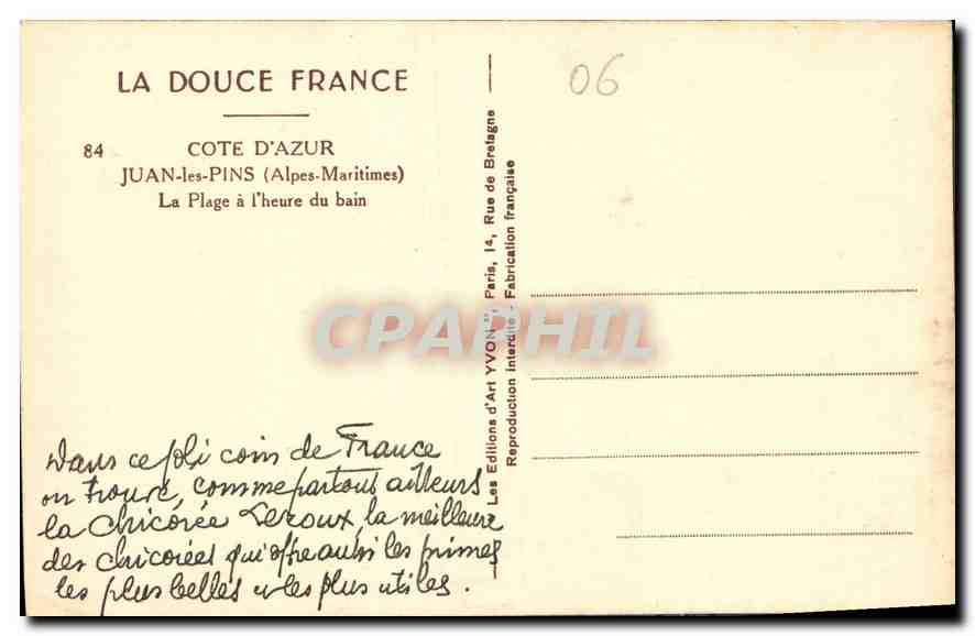 CPA La Douce France Cote d'Azur Juan les Pins Alpes Maritimes La Plage a l'heure du bain  — Rückseite