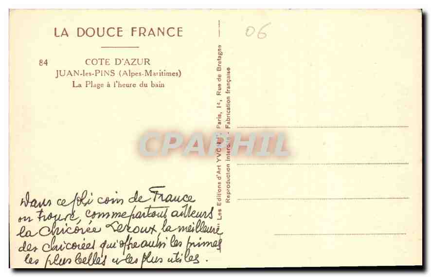 CPA La Douce France Cote d'Azur Juan les Pins Alpes Maritimes La Plage a l'heure du bain  — Rückseite