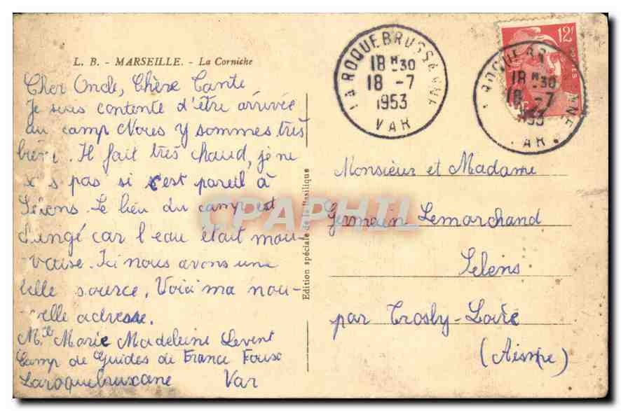 CPA Marseille la Corniche  — Verso