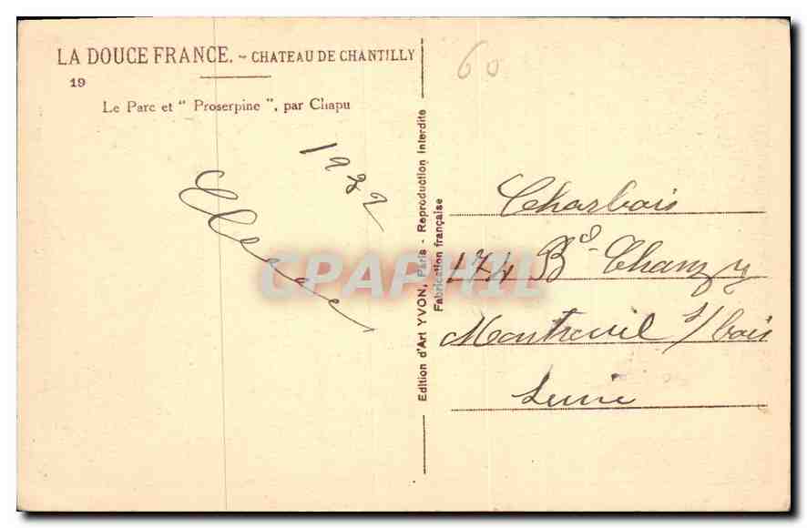 CPA La Douce France Chateau de Chantilly Le Parc et Proserpine par Cliapu  — Rückseite