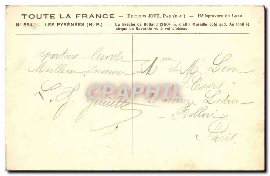 CPA Les Pyrenees H P La Breche de Rolland Muraille cote sud au fond le cirque de Gavarnie vu a vol d — Verso