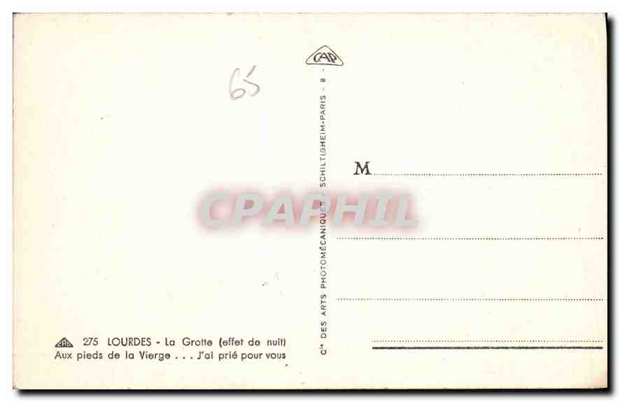 CPA Lourdes la Grotte effet de nuit aux pieds de la Vierge j'ai prie pour vous  — Verso
