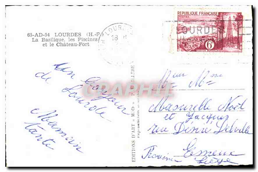 CPA Lourdes H P la Basilique les Piscines et le Chateau Fort  — Verso