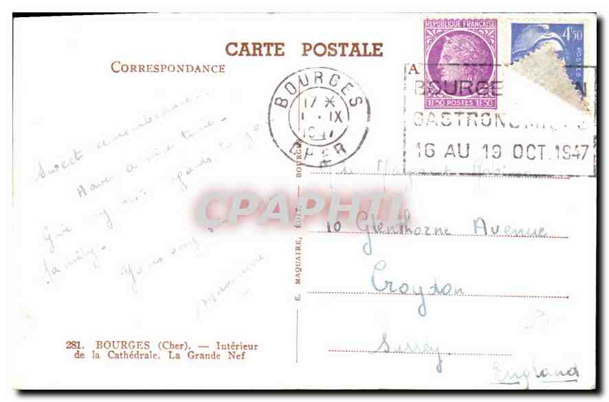 CPA Bourges Cher Interieur de la Cathedrale la grande Nef  — Rückseite