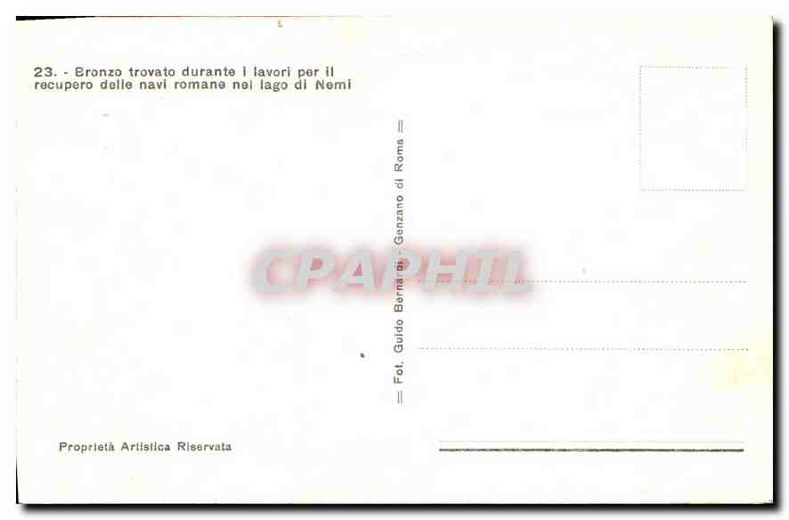 CPA Bronzo trovato durante lavori per il recupero delle navi romane nel lago di Nemi  — Verso