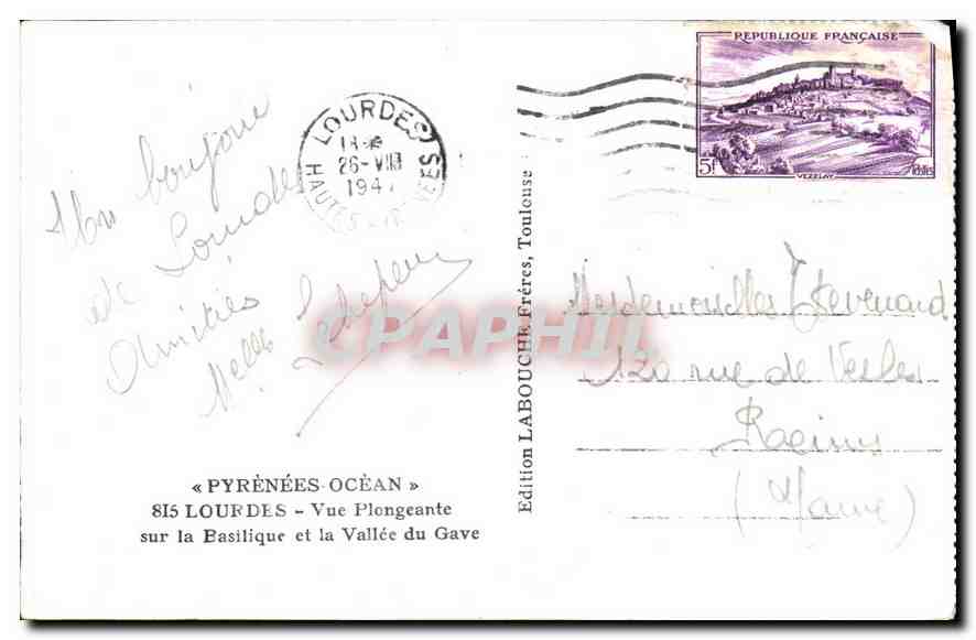 CPA Pyrenees Ocean Lourdes Vue Plongeante sur la Basilique et la Vallee du Gave  — Verso