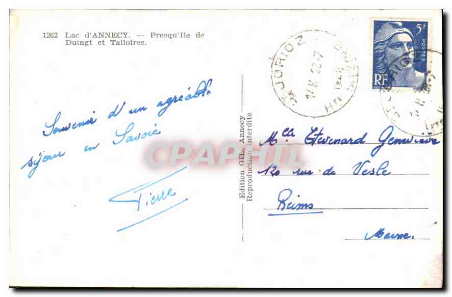 Lac d'Annecy — Presqu'île de Duingt et Talloires — Édition CIL Annecy, n°1262 — Rückseite