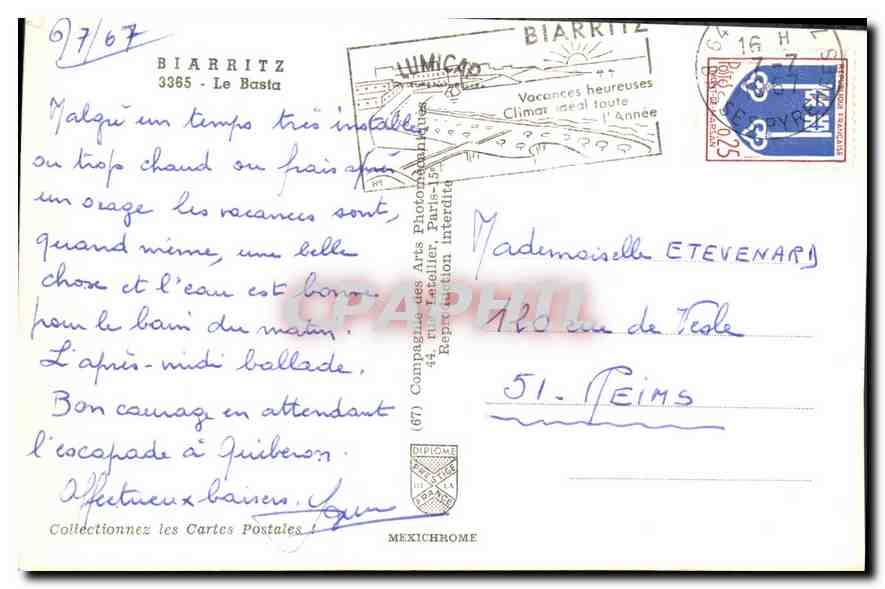 Biarritz — Vue du phare de la Pointe de Guéberon — Compagnie des Arts Photomécaniques — Verso
