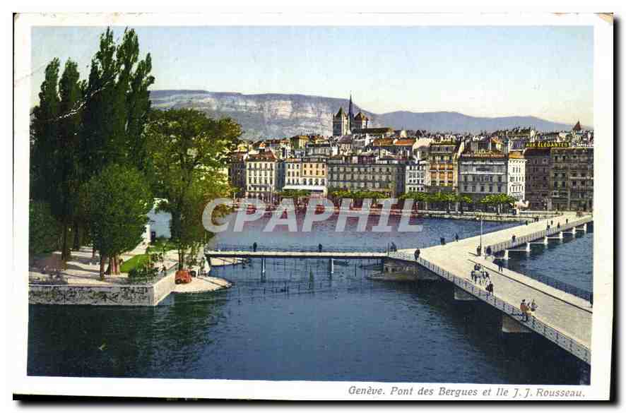 CPA Geneve Pont des Bergues et Ile J J Rousseau 