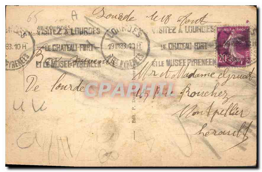 CPA Lourdes le Monument interellie  — Verso