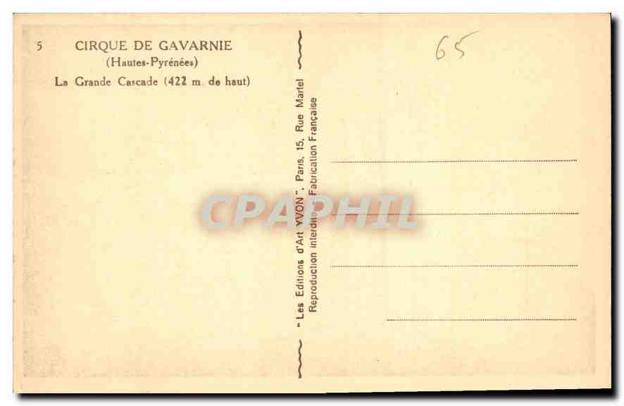 CPA Cirque de Gavarnie Hautes Pyrenees la Grande Cascade  — Verso