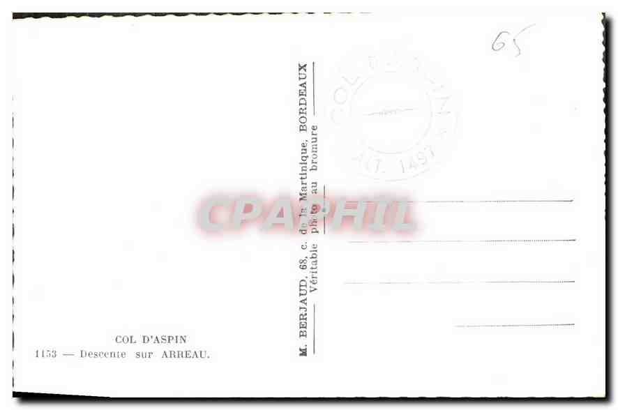 Col d'Aspin — Descente sur Arreau — éditeur M. Berjaud, 1153 — Verso