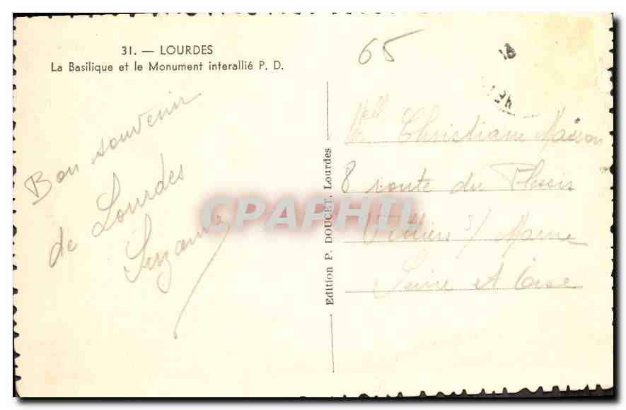 CPA Lourdes la Basilique et le Monument interallie  — Verso