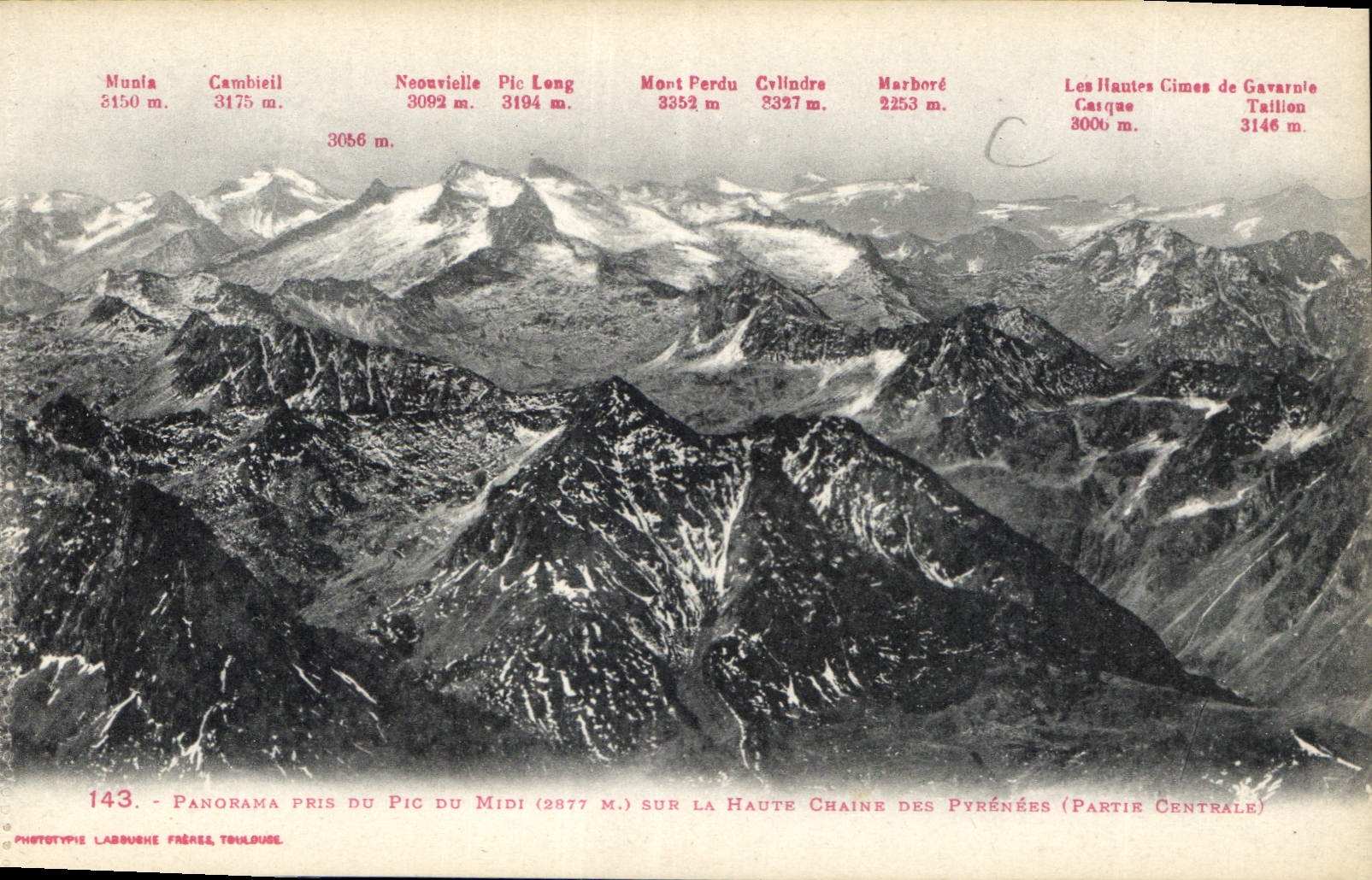 Panorama pris du Pic du Midi (2877 m.) sur la Haute Chaîne des Pyrénées (Partie Centrale) — Phototypie Labouche Frères, Toulouse — n° 143