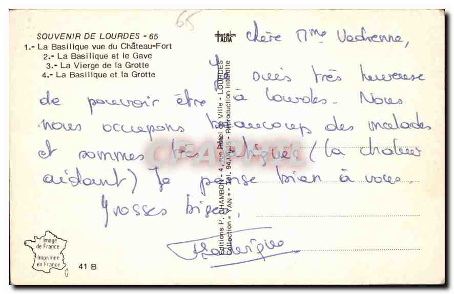 CPA Souvenir de Lourdes la Basilique vue du Chateau Fort la Basilique et le Gave la Vierge de la Gro — Verso