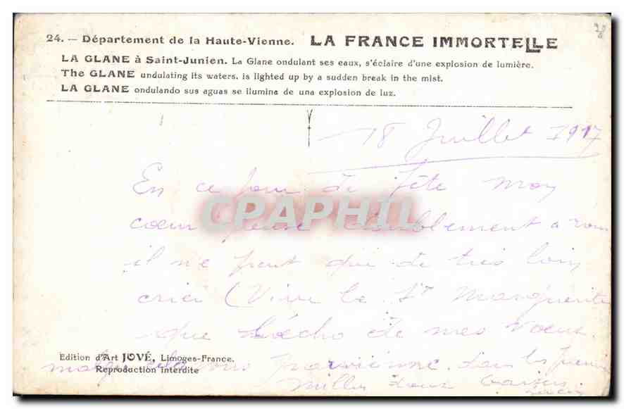 CPA La Glane a Saint Junien la Glane oudulant ses eaux s'eclaire d'une explosion de Lumiere  — Rückseite