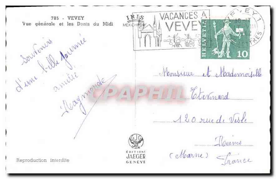 CPA Vevey vue generale et les Dents du Midi  — Rückseite