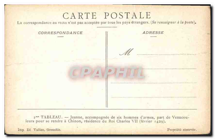 CPA Tableau Jeanne accompagnee de six hommes d'armes part de Veaucouleurs pour se rende a Chinon res — Rückseite