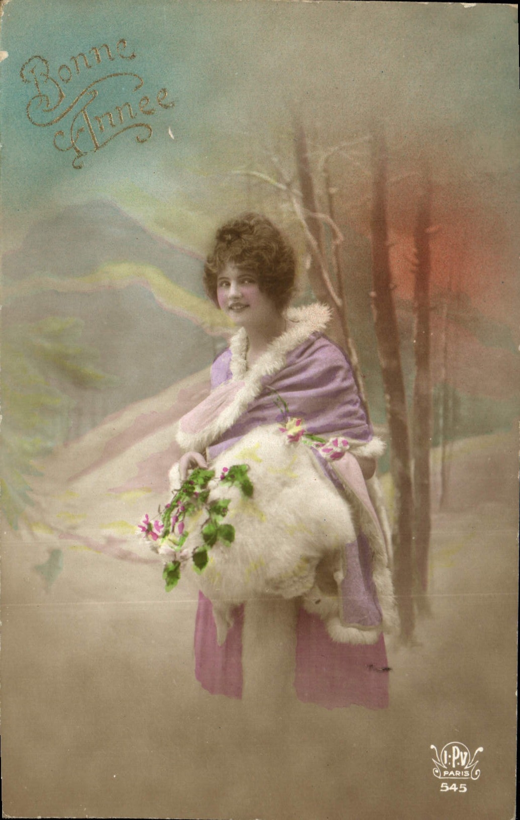 Femme en fourrure tenant un bouquet — Bonne Année — V.P.V. PARIS 545