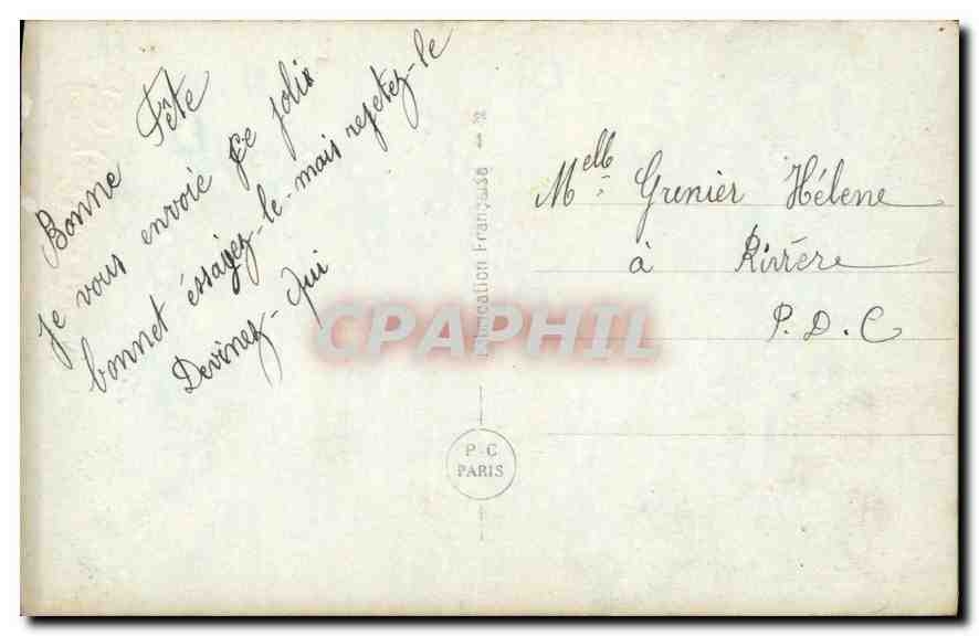 Sainte Catherine — jeune femme en robe lilas tenant des fleurs — PC Paris 737 — Verso
