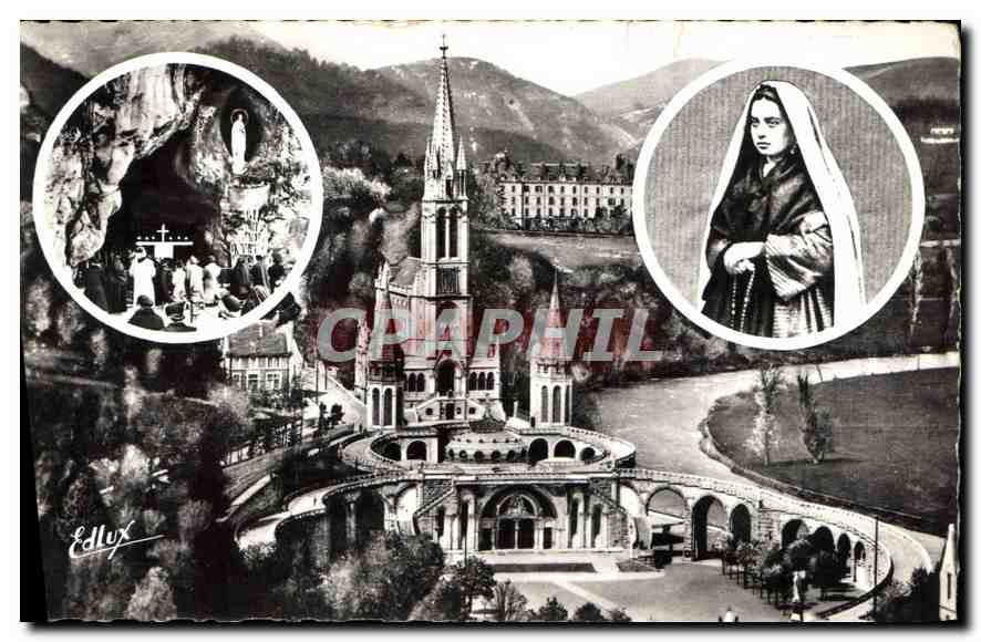 CPA Lourdes la Basilique en medaillons Ste Bennadette la Grotte 