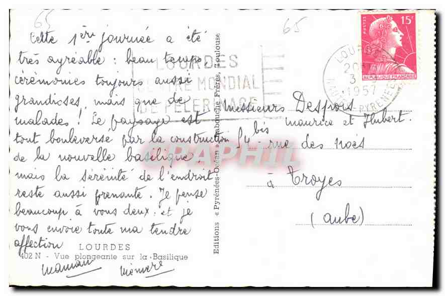 CPA Lourdes Vue plongeante sur la Basilique  — Verso