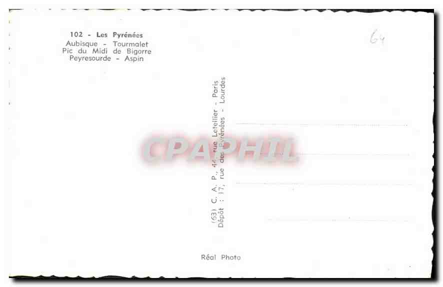 Les Pyrénées — Les cols — Éditeur C.A.P. Letellier, n°102 — Rückseite