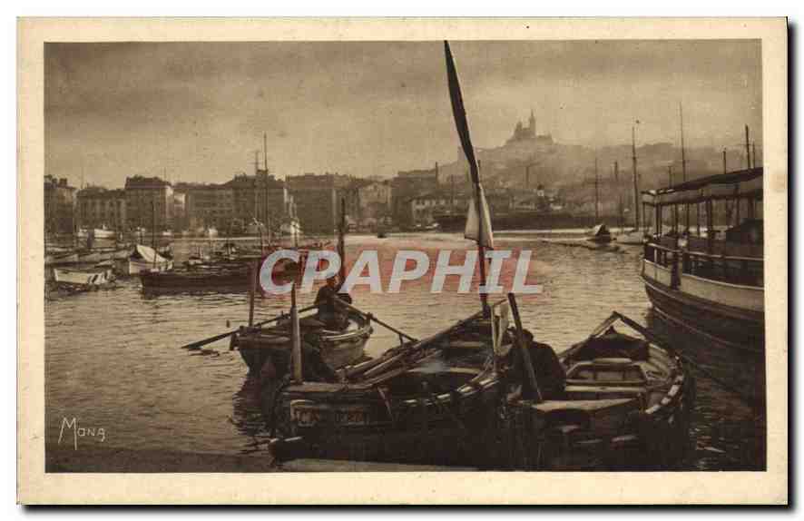 CPA Les Petits Tableaux de Marseille Un coin du cieux Port au lointain sur la colline la Basilique d