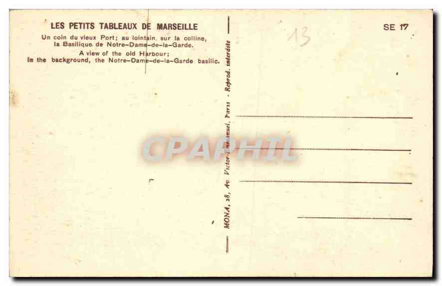 CPA Les Petits Tableaux de Marseille Un coin du cieux Port au lointain sur la colline la Basilique d — Verso