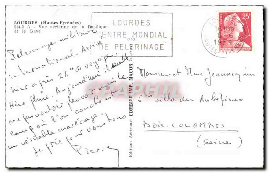 CPA Lourdes Hautes Pyrenees Vue aerienne de la Basilique et le Gave  — Verso