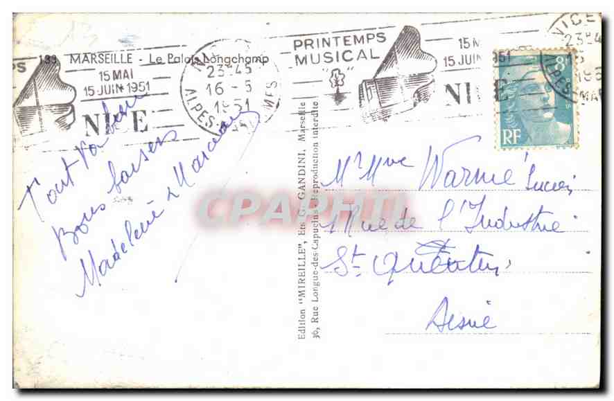 CPA Marseille Le Palais Longchamp  — Verso