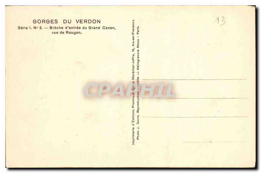 Gorges du Verdon — Brèche d'entrée du Grand Canon, vue de Rougon — Éditions Provençales, Série I. N° 5 — Rückseite