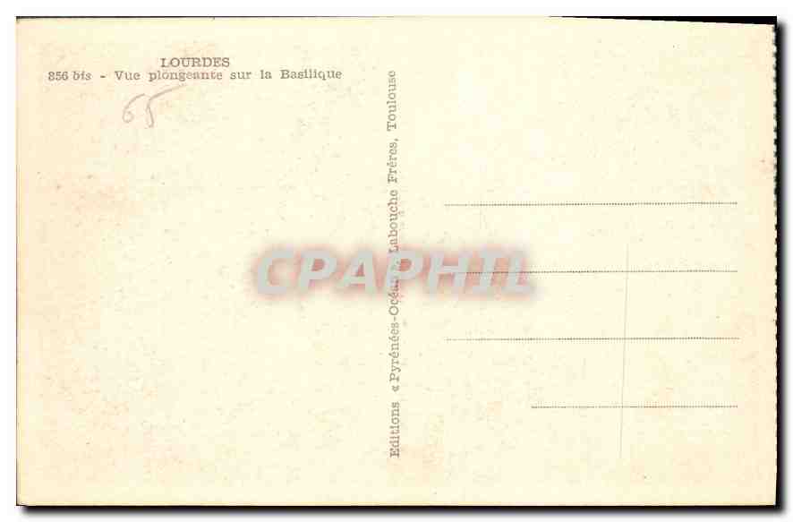 CPA Lourdes vue plongeante sur la Basilique  — Verso