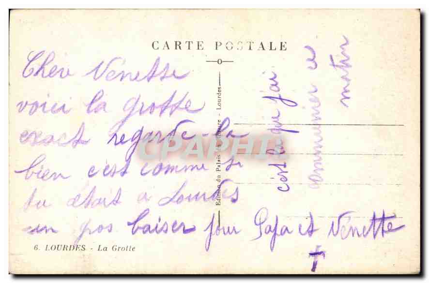 CPA Lourdes La Grotte  — Verso