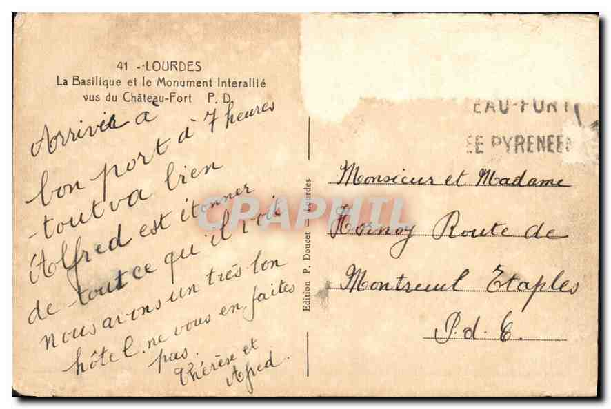 CPA Lourdes la Basilique et le Monument Interallie vus du Chateau Fort  — Verso