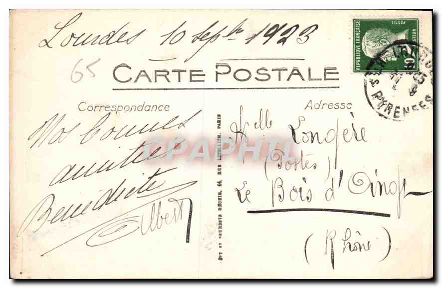 CPA Lourdes vue generale et le Pic du Jer  — Verso