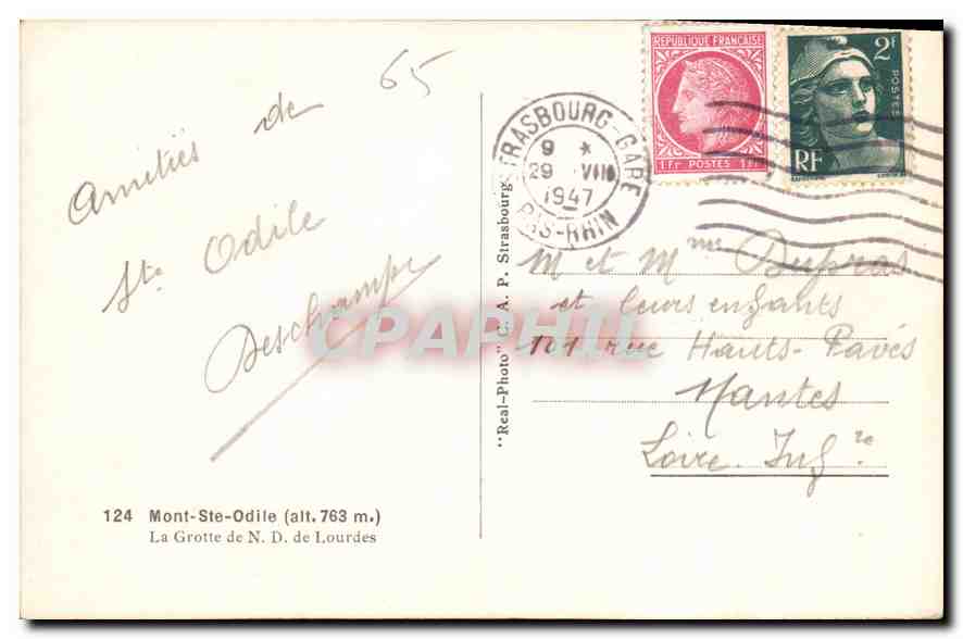 CPA Mont Ste Odile la Grotte de N D de Lourdes  — Verso