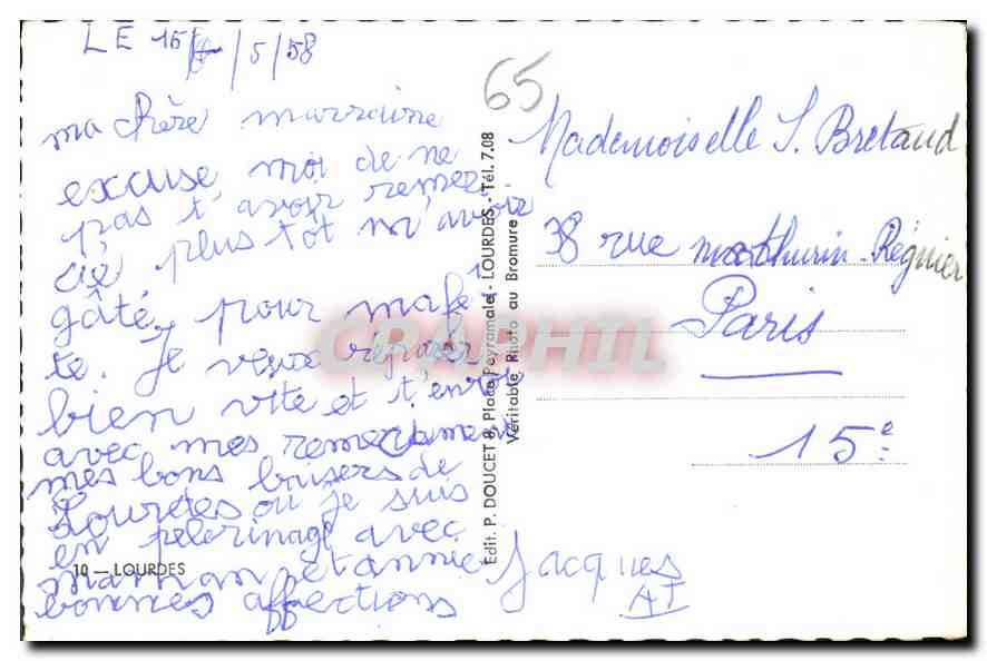 CPA A la Grotte de Lourdes j'ai prie pour vous  — Verso