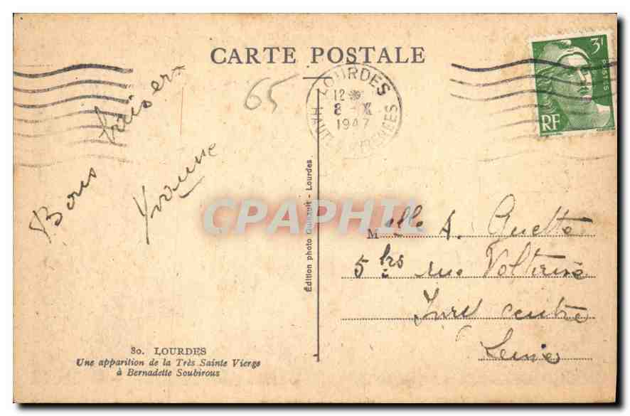 CPA Lourdes Une apparition de la Tres Sainte Vierge a Bernadette Soubirous  — Verso