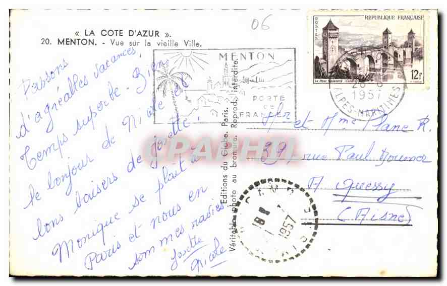 CPA La Cote d'Azur Menton Vue sur la vieille Ville  — Rückseite