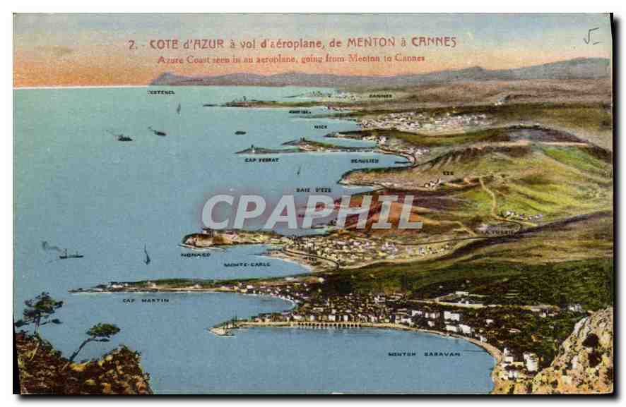 CPA Cote d'Azur a vol d'aeroplane de Menton a Cannes 