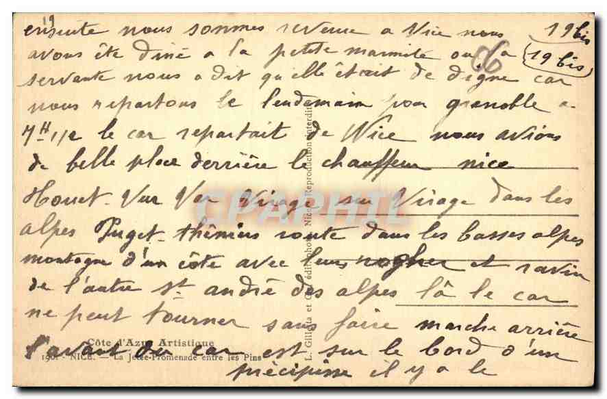 CPA Cote d'Azur Artistique Nice La Jetee Promenade entre les Pins  — Rückseite